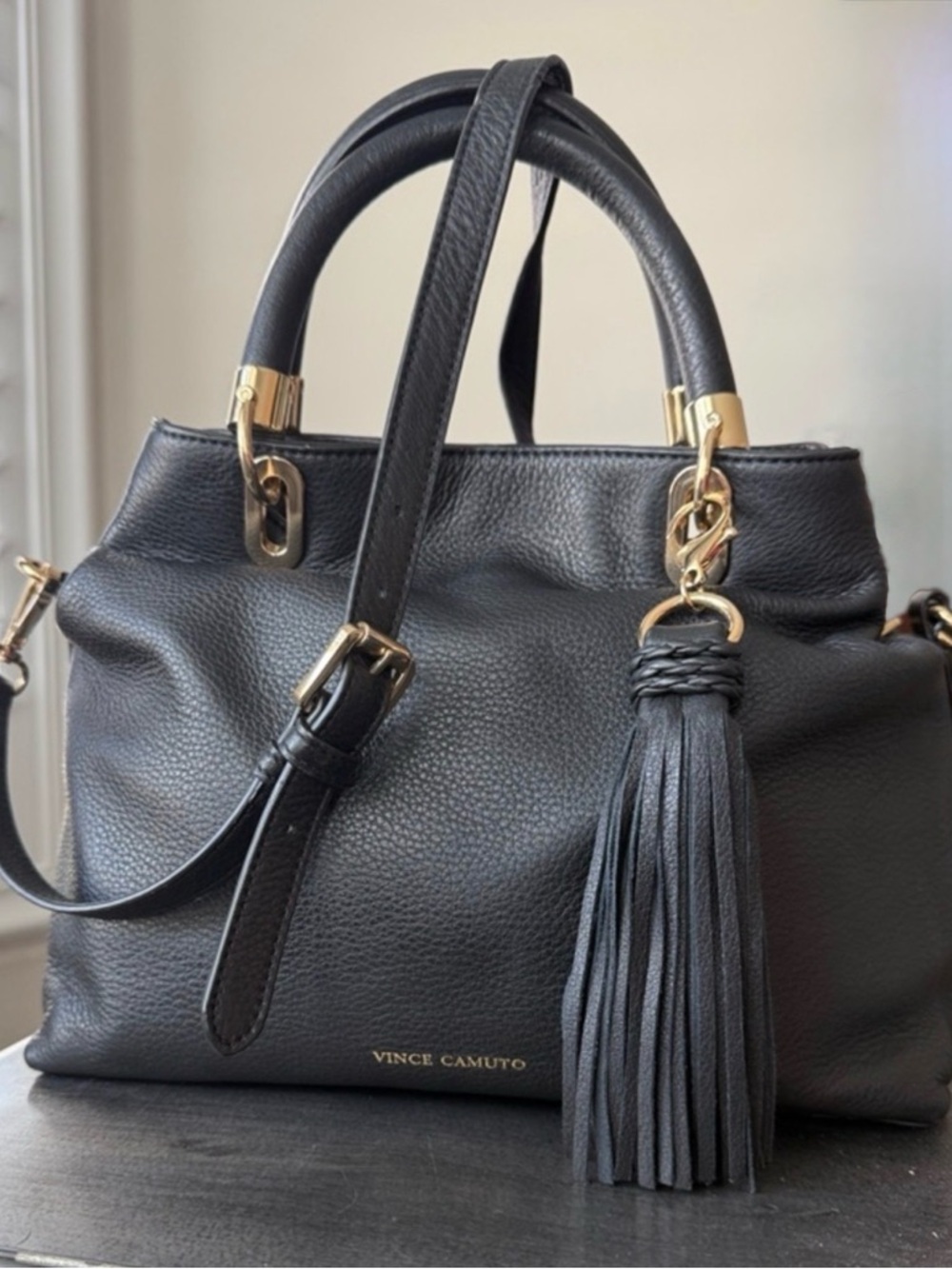 Vince Camuto Black Pebbled Leather Satchel with Tassel